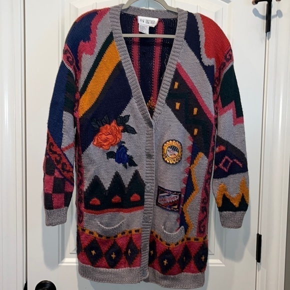 RETRO 80s chunky knit novelty funky patch sweater cardigan XL colorful kitsch